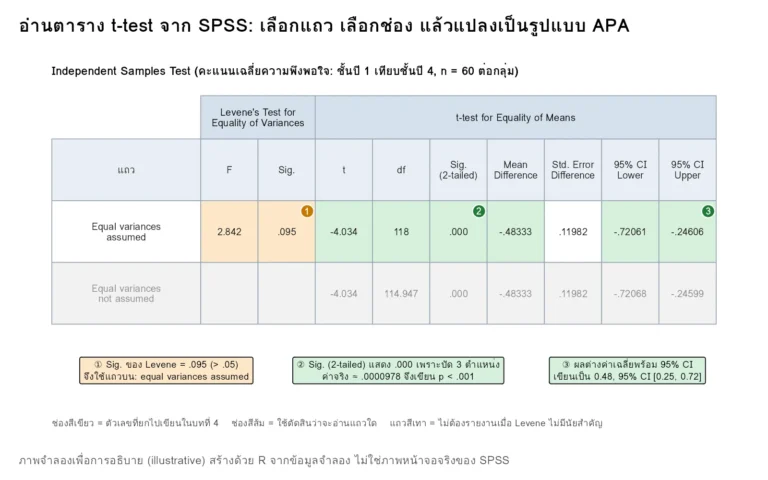 ภาพจำลองตาราง Independent Samples Test ของ SPSS แสดงช่อง Levene ที่ใช้เลือกแถว ช่อง t, df, Sig. (2-tailed) และ 95% CI ที่ต้องยกไปรายงานในบทที่ 4