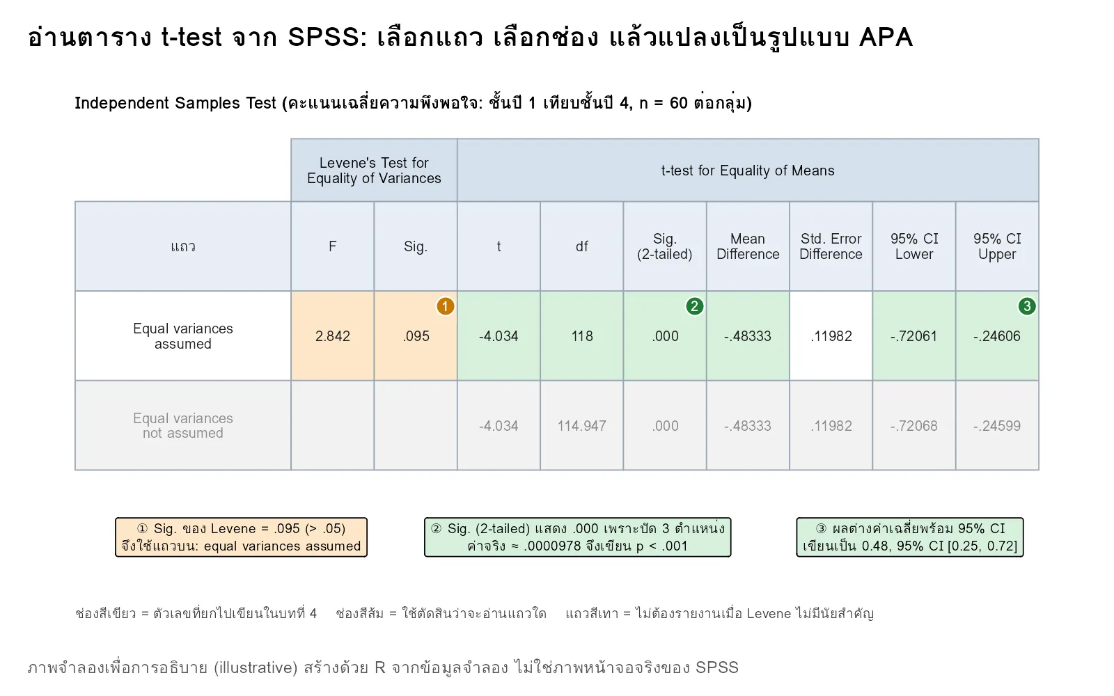 ภาพจำลองตาราง Independent Samples Test ของ SPSS แสดงช่อง Levene ที่ใช้เลือกแถว ช่อง t, df, Sig. (2-tailed) และ 95% CI ที่ต้องยกไปรายงานในบทที่ 4